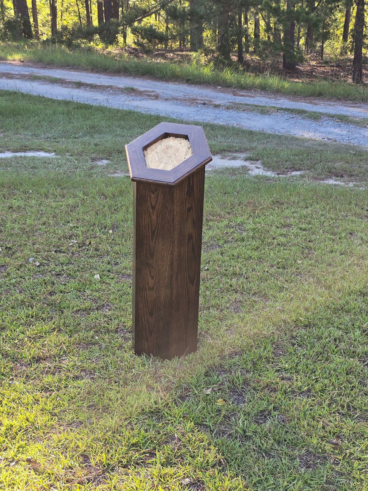 Sloped Top Hexagon Taxidermy Pedestal – White Oak with Walnut Stain