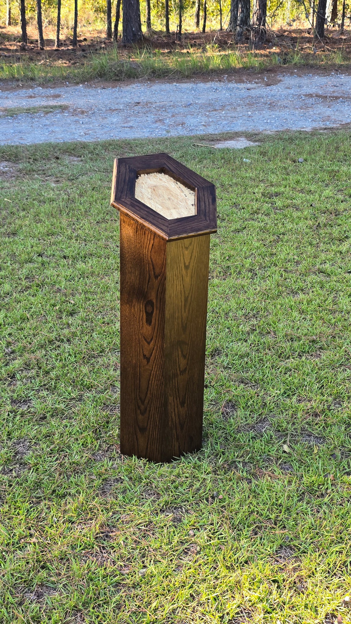 Sloped Top Hexagon Taxidermy Pedestal – White Oak with Walnut Stain