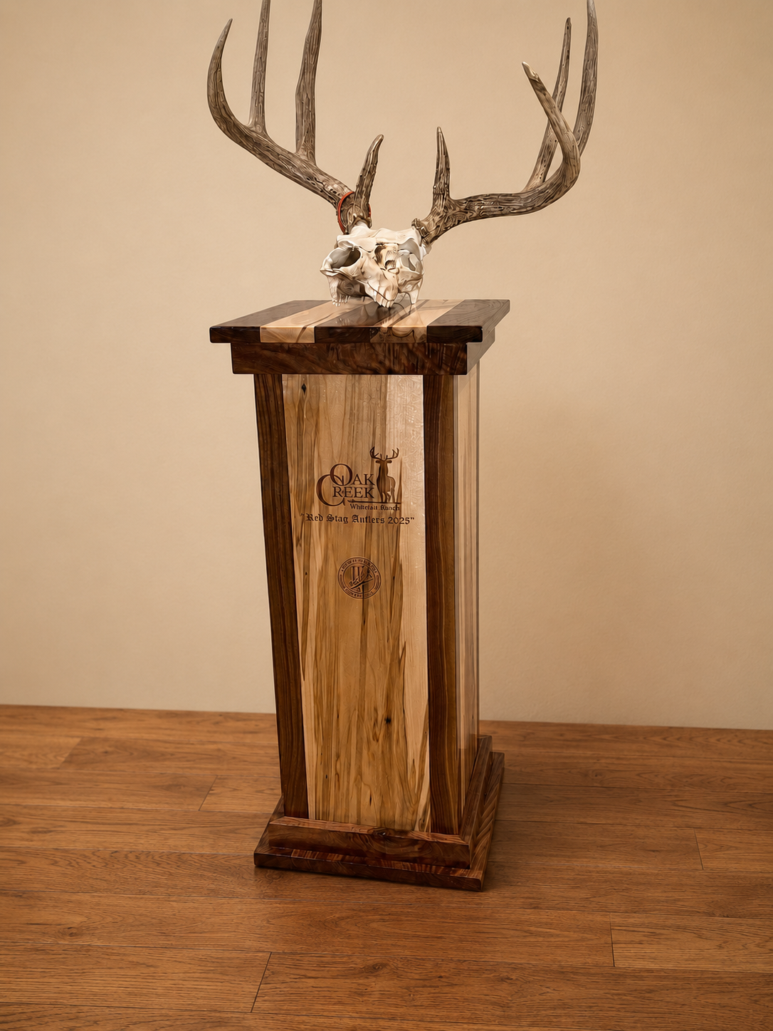 Square walnut and ambrosia maple taxidermy pedestal displaying an antlered skull mount