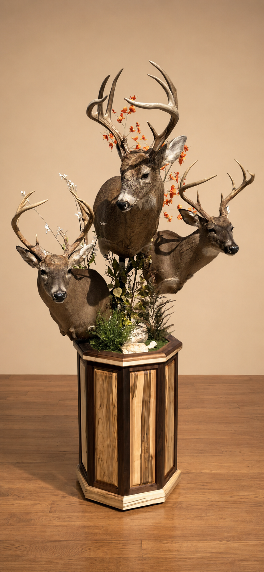 Custom octagon hardwood taxidermy pedestal supporting a three-deer habitat display
