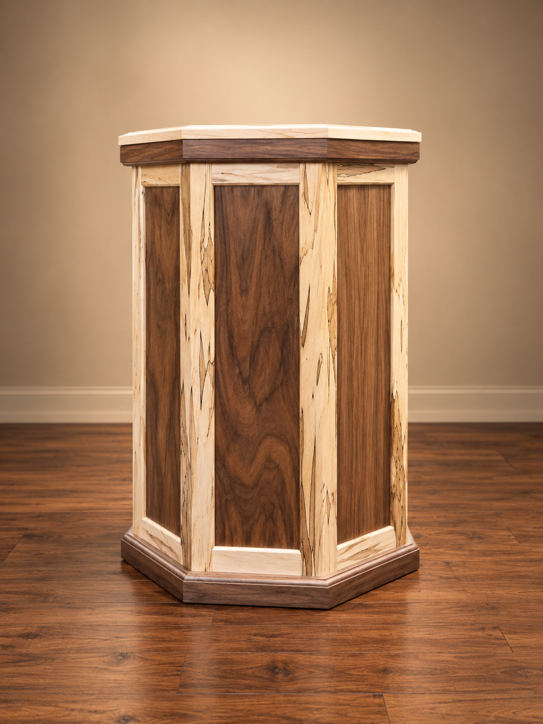 Handcrafted octagon taxidermy pedestal made from walnut and ambrosia maple by Third Generation Woodworking.